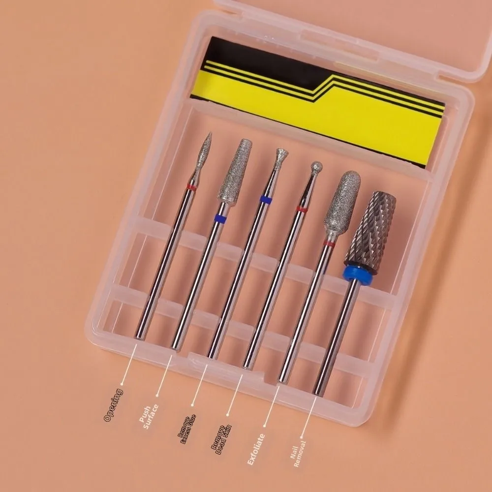 6Pcs Professional Nail Polishing Head Set Wear-resistant High-hardness Nail Art Drill Bit Kits with Box Dead Skin Removal