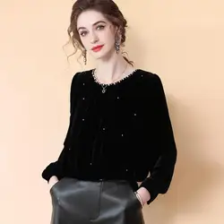 Women's Black Golden Velvet Short Top, Spring and Autumn Pullover, New Beaded Fashion, Long Sleeved Shirt, 2023