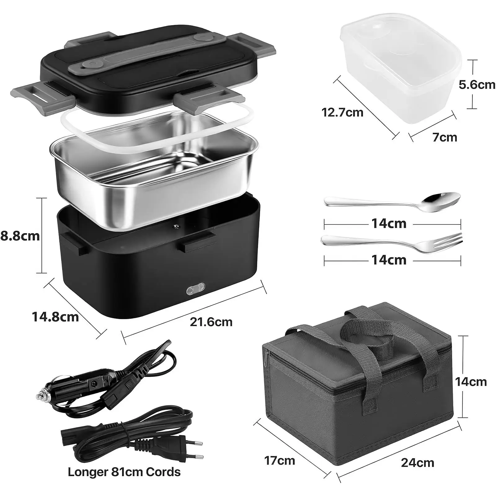 Boîte à lunch chauffante électrique portable 75W 1,8L en acier inoxydable amovible, chauffe-plat auto-chauffant pour le travail, les voyages, le bureau, récipient pour repas chauds