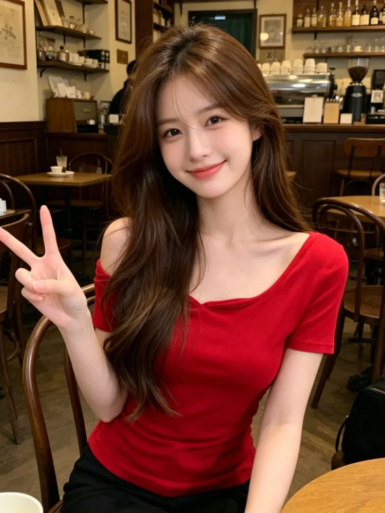 

Slimming Red Shoulder Bared T Shirt Women's Summer New Style Casual Knitted Short Sleeve Fashionable Citywalk Skin Friendly