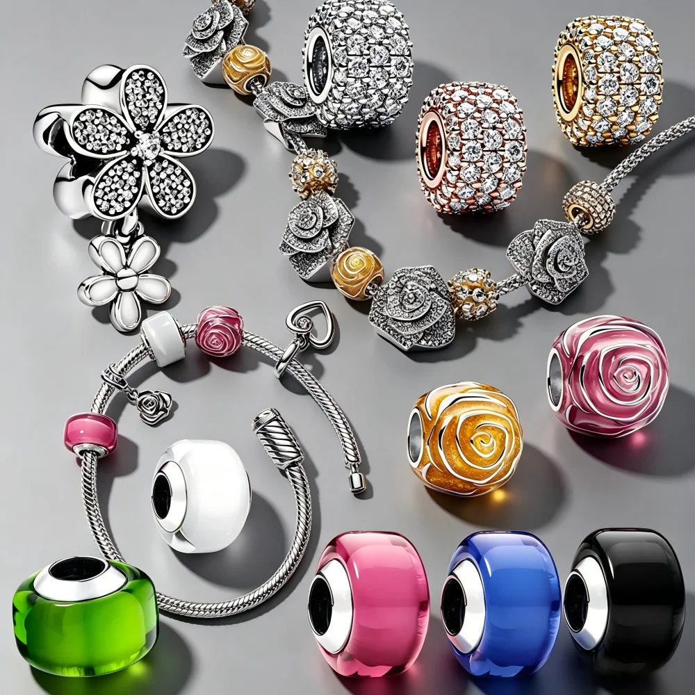 925 Silver Rose Flower Charms for Bracelet DIY Jewelry Makin