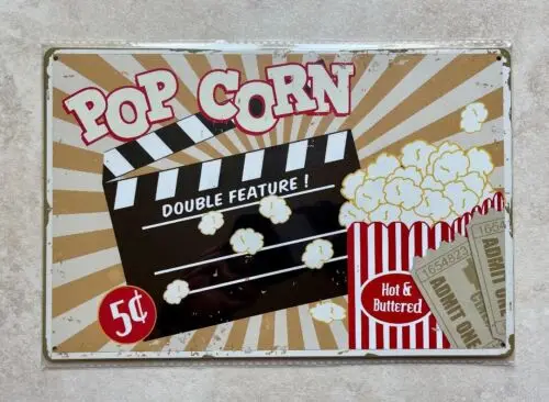 POPCORN HOT & BUTTERED METAL SIGN MAN CAVE BAR CINEMA MOVIE ROOM 20x30cm