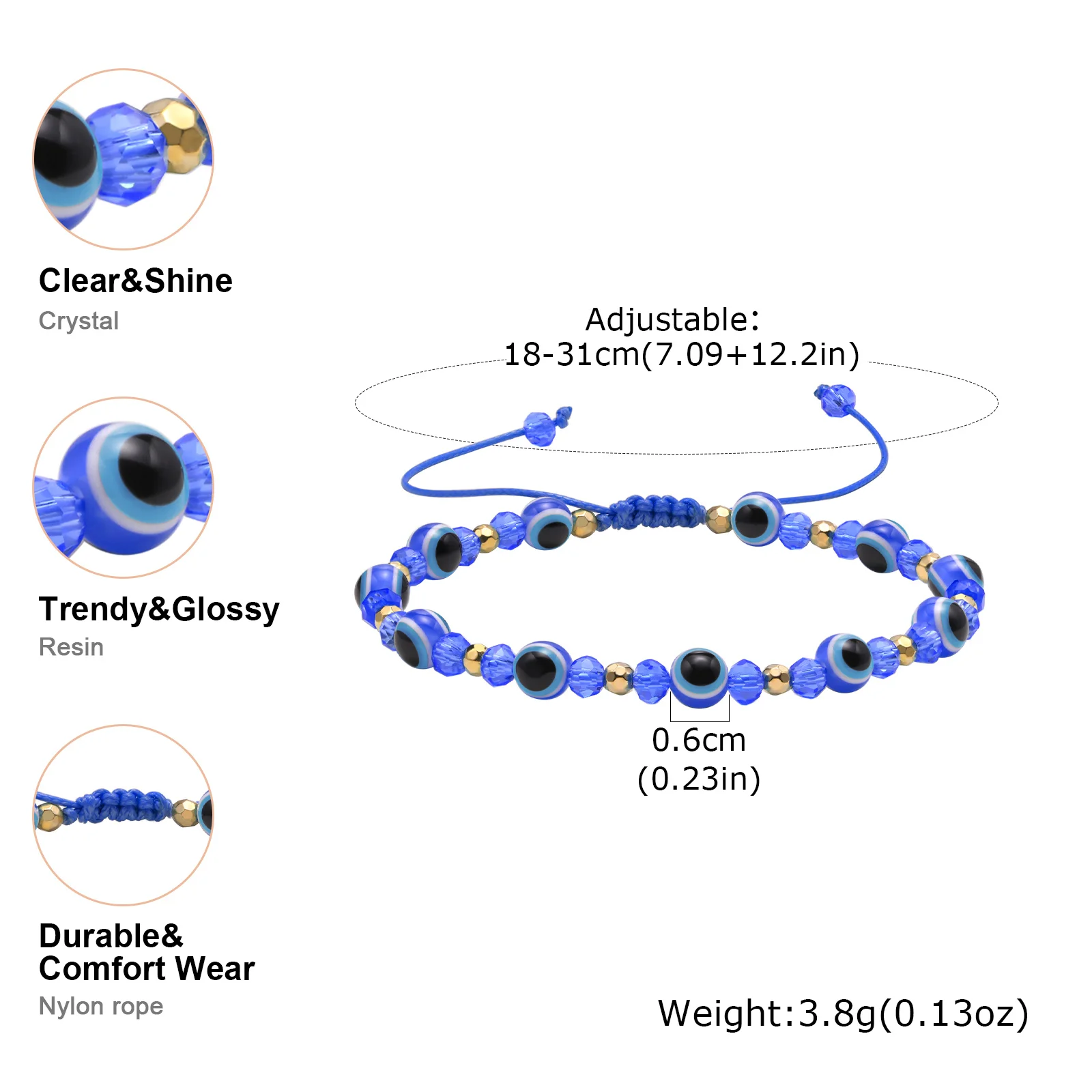 سوار عين الشر من الخرز الكريستالي الملون للنساء، أساور عين الشيطان بسلسلة حبل، هدية مجوهرات قابلة للتعديل لمحبي الصديق