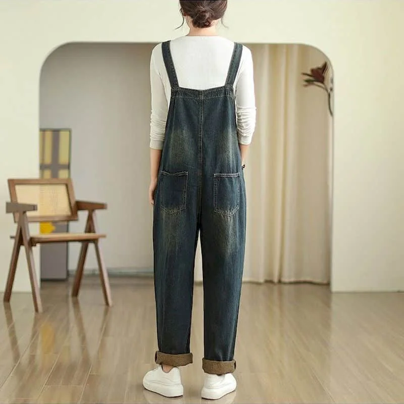 Denim Overalls Lose Beiläufige Gerade Hosen Koreanischen Stil Jeans Vintage Künstlerische Strampler Einem Stück Outfits Herbst Frauen Kleidung