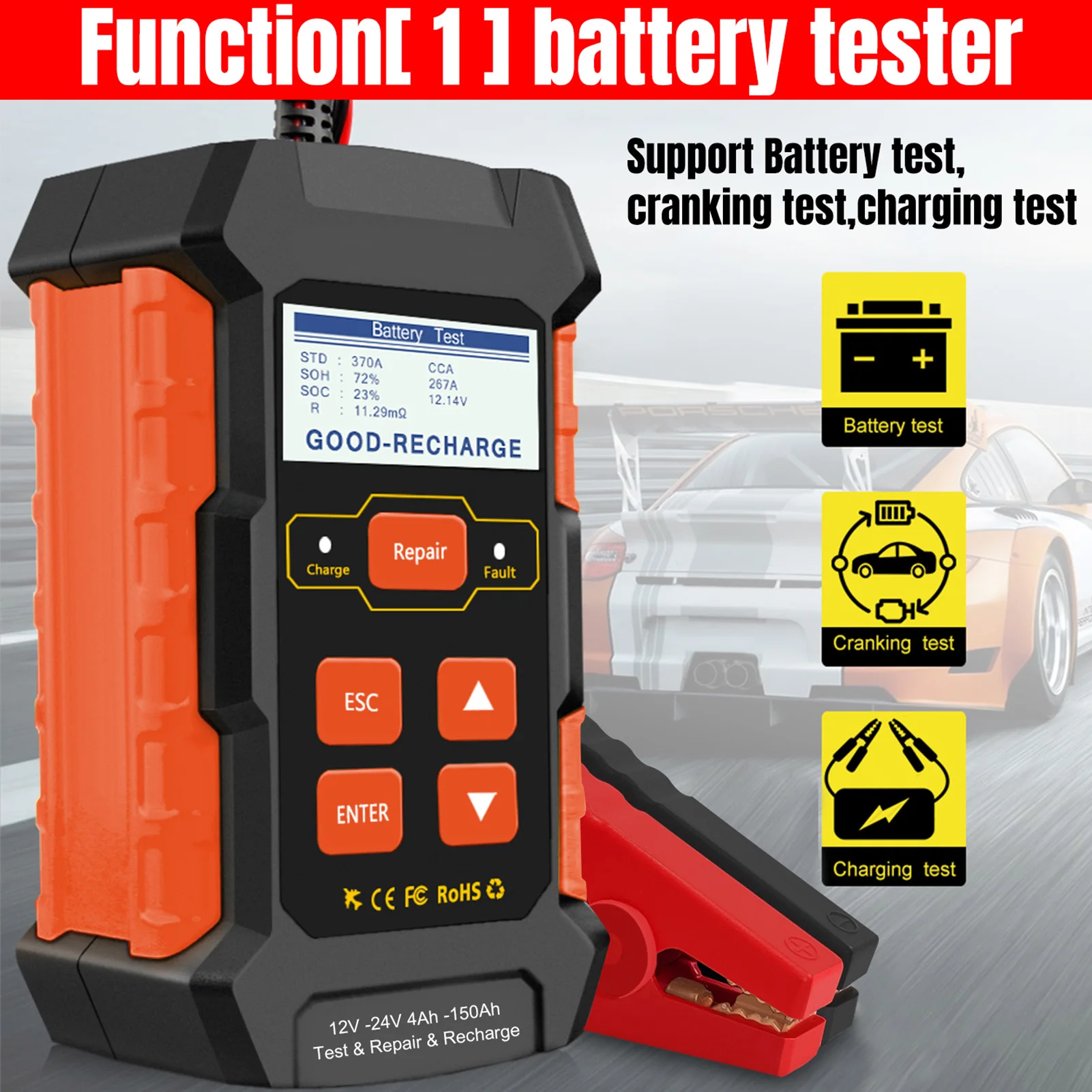 KW520 12V 24V Car Battery Tester Charger and Battery Repairing Tool 3 in 1 Diagnostic Scanner 100-2000CCA Battery Tester