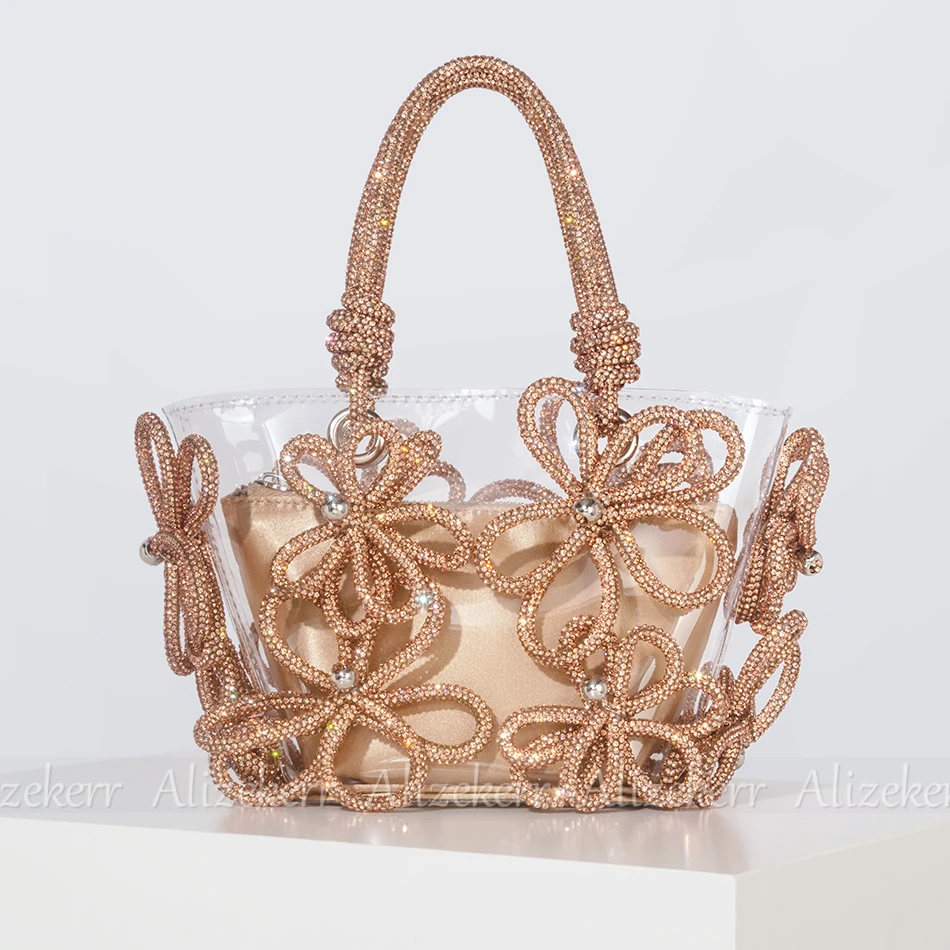 Diamond Flower Transparent Tote Bags Women Boutique Summer Holiday Handmade Woven Rhinestone Beach Purses And Handbags Wedding