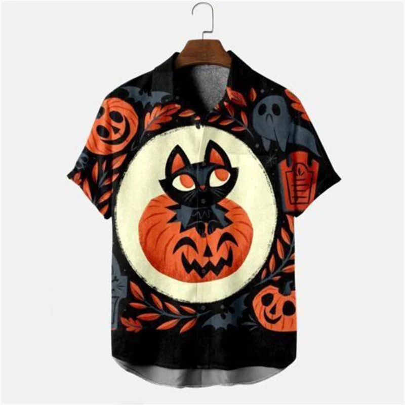 

Halloween Party Graphic Hawaiian Shirt For Men Horror Cat Pumpkin 3D Printed Aloha Shirts Holiday Short Sleeve Lapel Tops Blouse