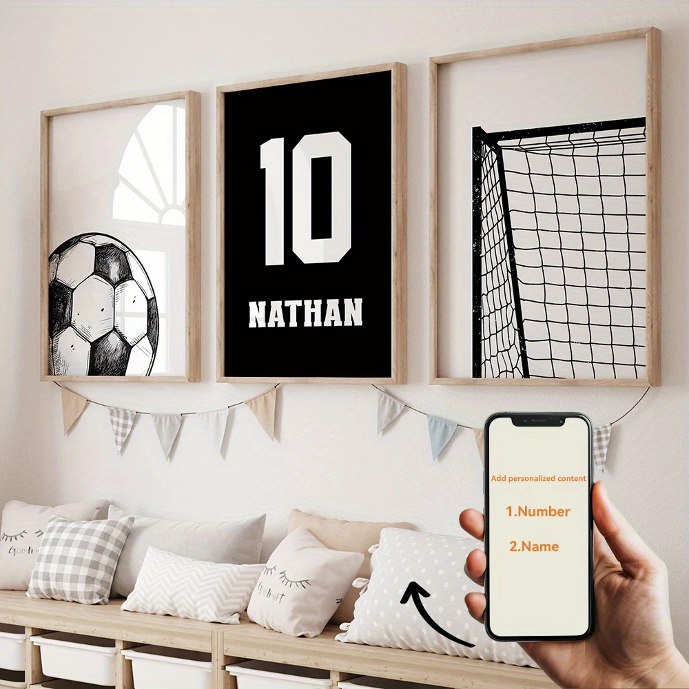 اسم ورقم مخصص لكرة القدم ملصقات فنية جدارية للأولاد ديكور غرفة نوم كرة القدم يطبع مجموعة من 3 ملصق فني شخصي هدية رياضية