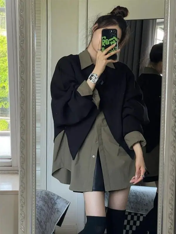 Autumn 2026 Korean Style College Fashion Pure Color Shirt Design Irregular Long Sleeve Sweatshirt Two-Piece Set Women's Fashion