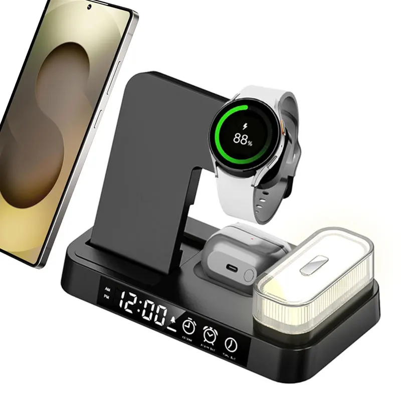 4-in-1-ワイヤレス充電器、目覚まし時計、デジタル時計、マグネット式ナイトライト付き、samsung-s25-s24-galaxy-watch-8-7-6-5-buds-pro3-2対応