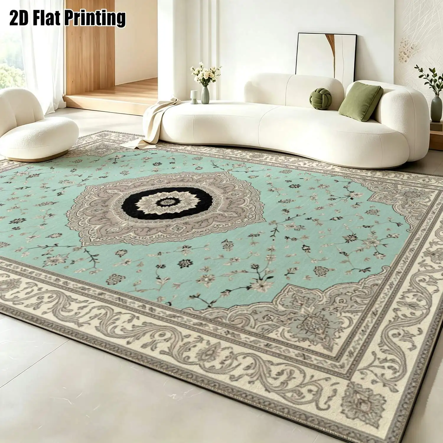 1Pc 2D Printed Retro Floral Light Blue-Grey Carpet, European Light Luxury Decor, Multi-Size, Machine Washable, for Entrance, Dining, Foyer, Study, Living Room, Bedroom