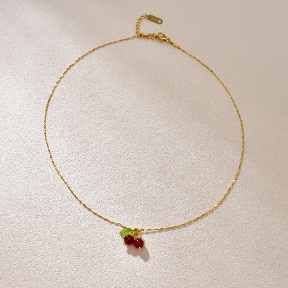 L15 Ruby Cherry Handmade Necklace Starry Sky Clavicular Chain Titanium Steel Plated 18K Gold image 3
