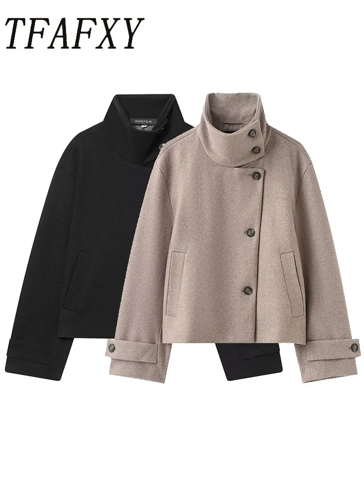 

TFAFXY Women Autumn Winter New Jacket Women Single Breasted Stand Collar Loose Female Coat Office Lady Street Short Outwear Tops