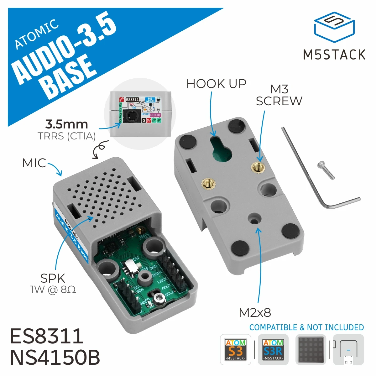 

M5Stack Official Atomic Audio-3.5 Base is a Voice Recognition and Audio Playback Base Designed for the Atom Series Controllers