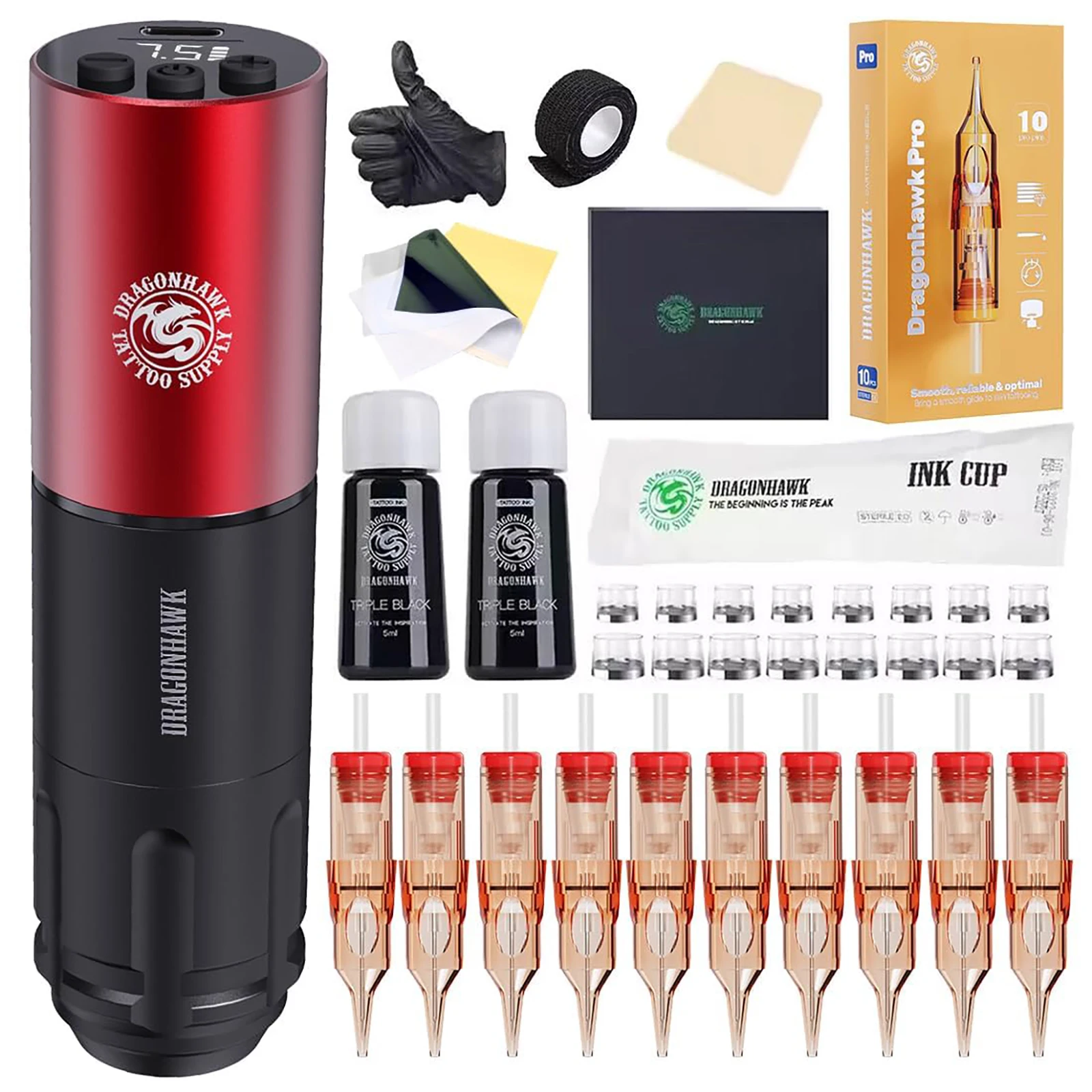 Dragonhawk A1 Machine à tatouer Kit complet Machine à stylo rotatif sans fil 3.5mm course grande batterie 1600mAh fournitures de tatouage pour débutants