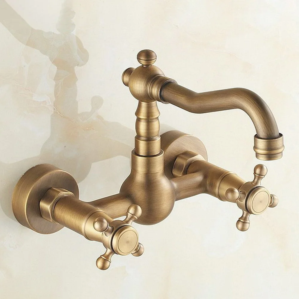 

Antique Brass Swivel Spout Kitchen Sink Faucet / Wall Mounted Dual Cross Handles Bathroom Basin Mixer Taps ttf003