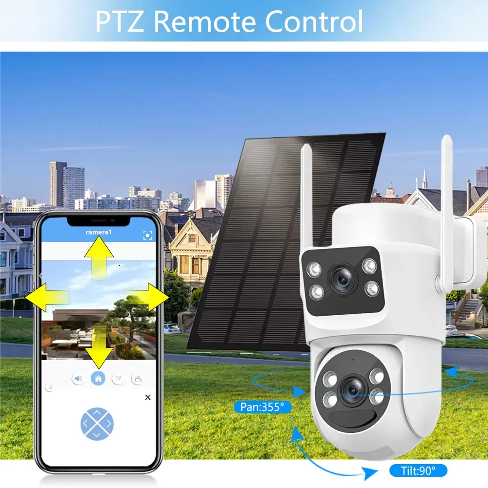 8MP 4K WiFi المدمج في بطارية تعمل بالطاقة عدسة مزدوجة في الهواء الطلق IP66 كاميرا مقاومة للماء PIR كشف الإنسان مع لوحة طاقة شمسية شحن PTZ