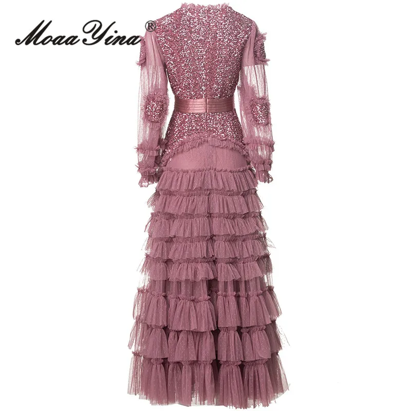 MoaaYina Vestido feminino de malha de renda com decote em V manga lanterna em camadas plissado lantejoulas patchwork S-4XL ﻿