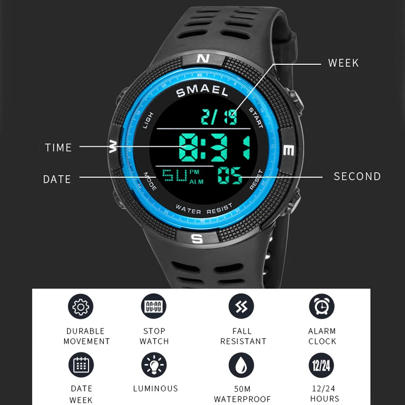 SMAEL Young Men\'s Red Digital Watch with Stopwatch Alarm Military Watch for Student Waterproof Auto Date Electronics Wristwatch