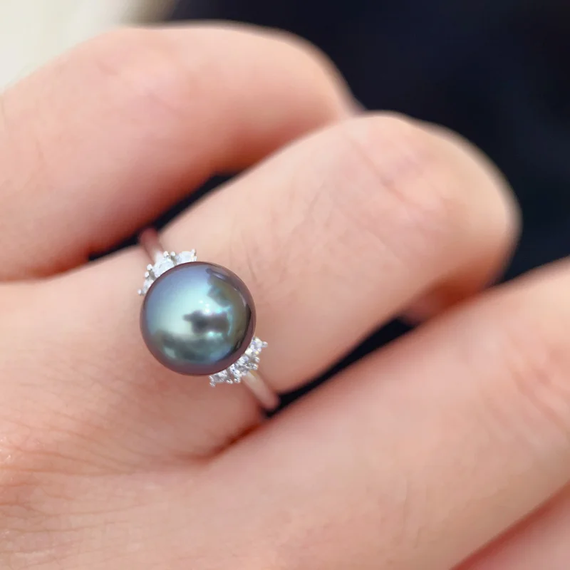 MeiBaPJ 9-10mm Natural Peacock Blue Round Pearl Fashion Ring 925 Sterling Silver Fine Wedding Jewelry for Women
