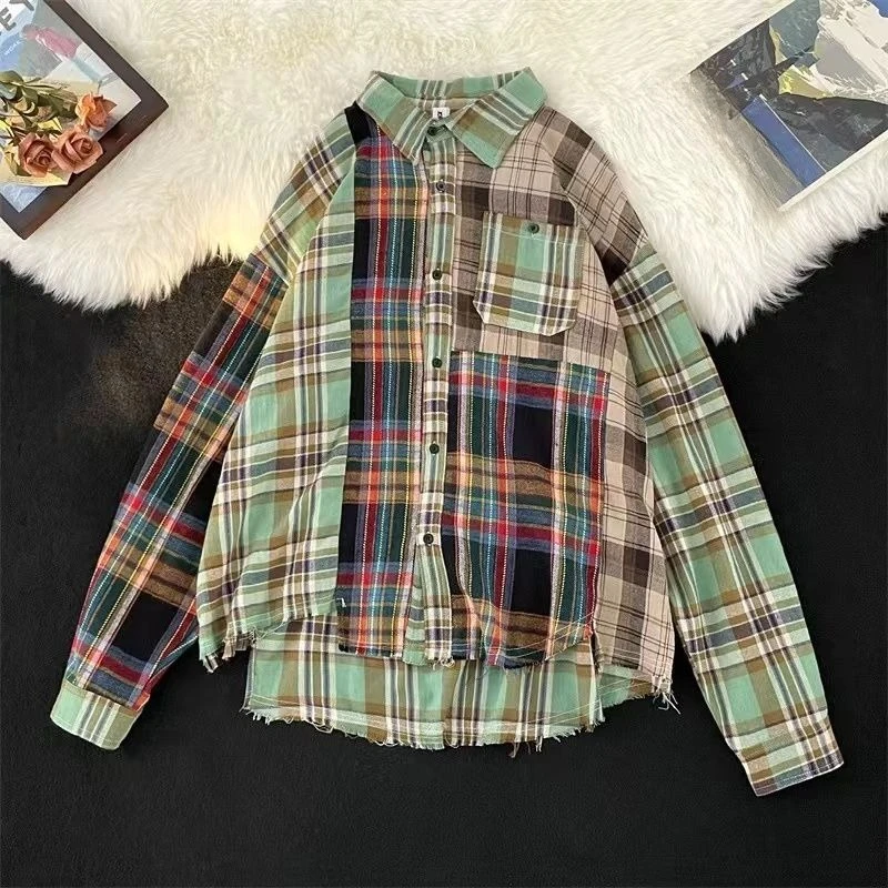 

American Vintage Blouses Plaid Contrast Color Pockets Raw edge Long Sleeve Shirts Y2k Harajuku Streetwear Tops Women's Clothing