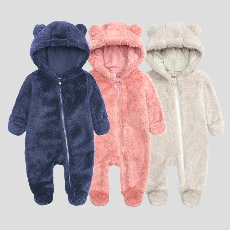

Winter Baby Bear Onesie Fluffy Fleece Hooded Romper Footed Jumpsuit 0-12M Newborn Infant Boys Girls Warm Costume Outdoor Outwear