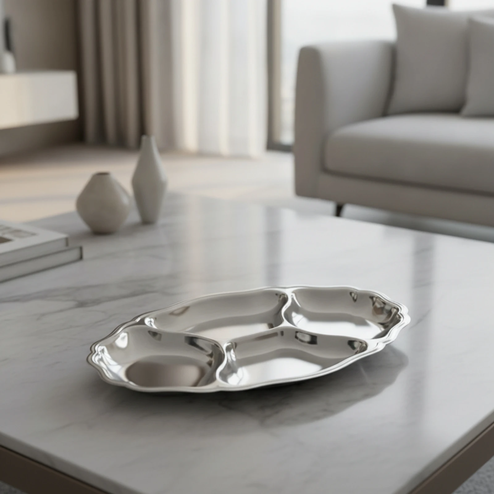 Shallow Oval Serving Dish with Raised Dividers Reusable Oval Stainless Steel Serving Plate Mess Food Sectioned Tray Silver