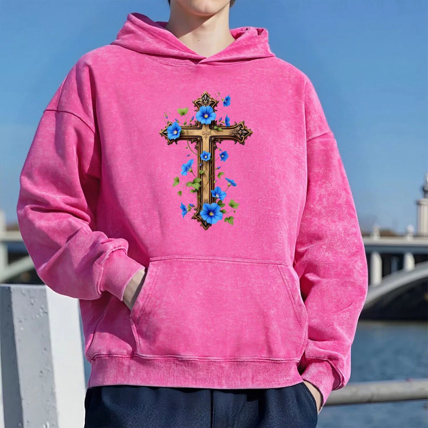 Sudadera con capucha con patrón lavado Retro cruzado, estilo deportivo informal Unisex hecho de algodón puro, estilo callejero, 400G