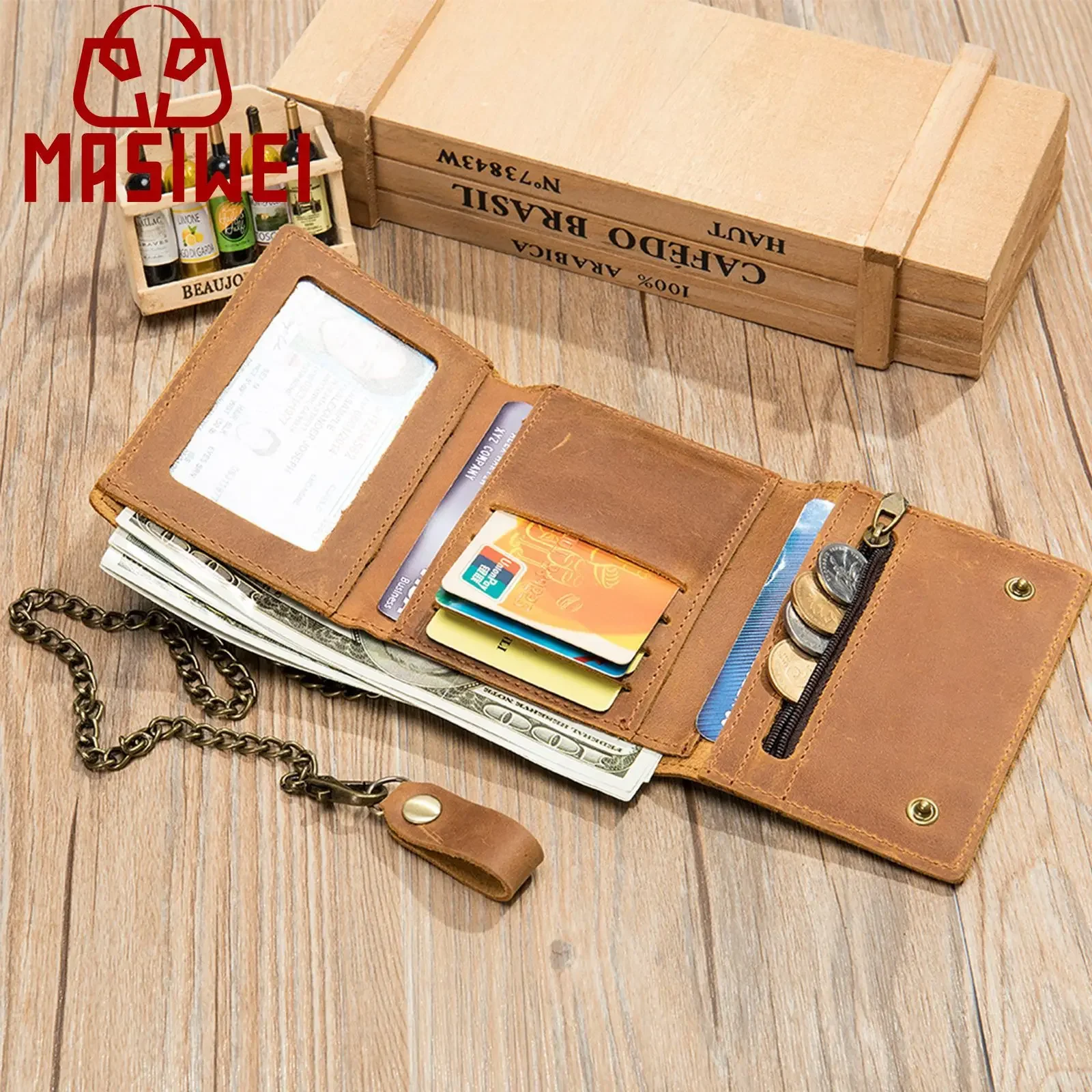 

Retro Crazy Horse Leather Men's Genuine Leather Wallet Short Three Fold Anti Magnetic Wallet Chain Anti theft Leather Wallet