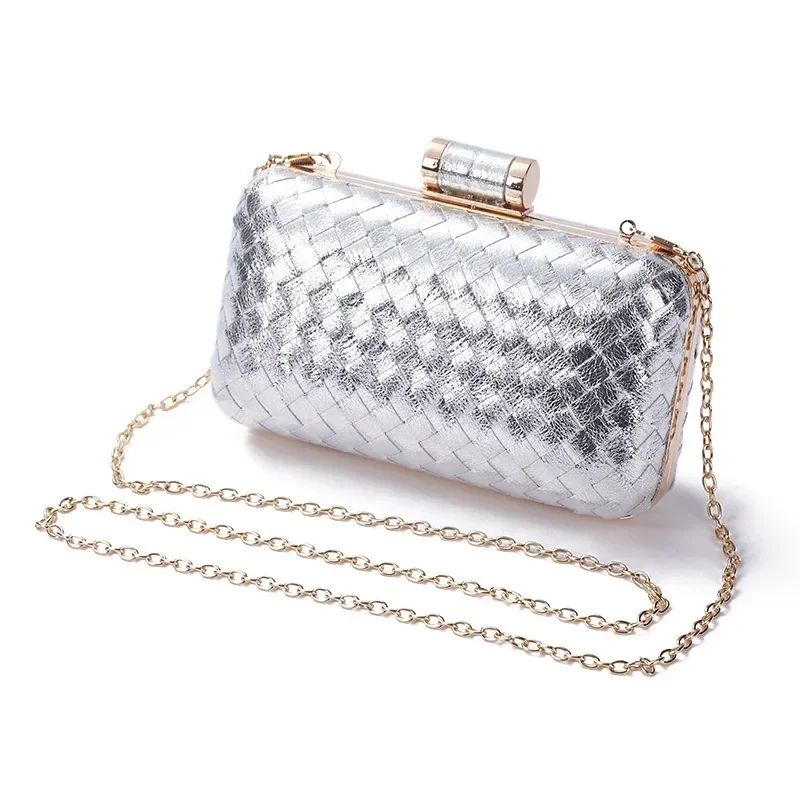 Classic Leather Woven Purses for Women Elegant Plaid Dinner Bag Silver Solid Color Clutches Crossbody Bag Formal Party Handbag