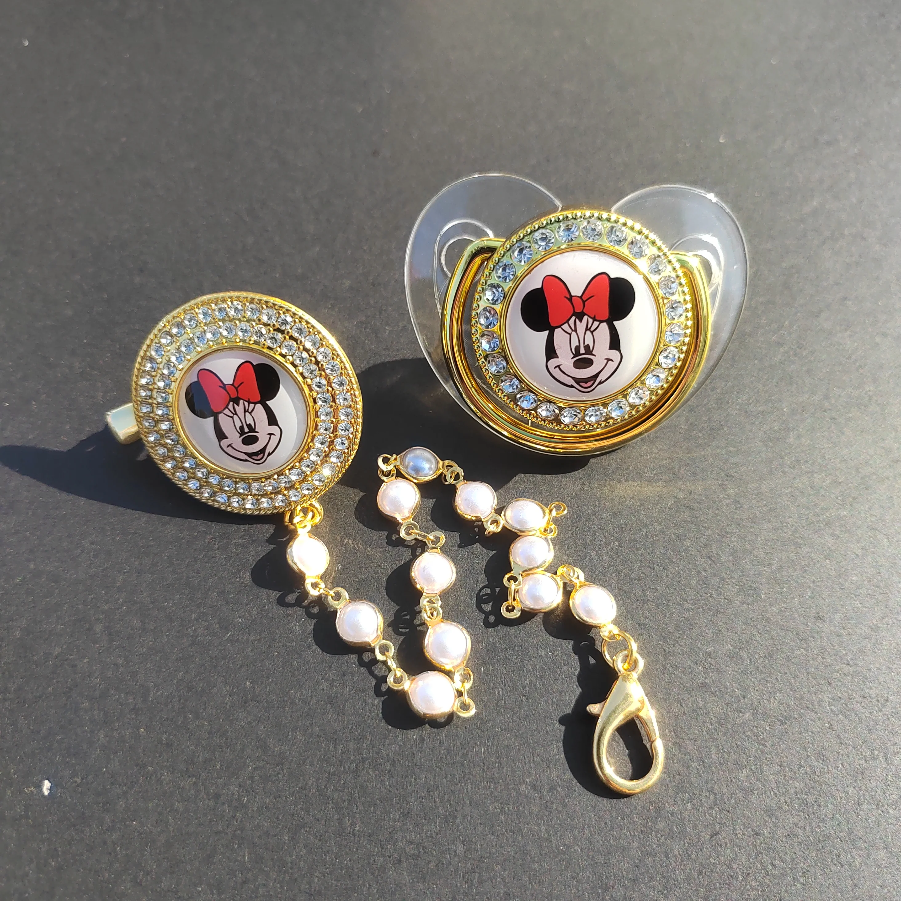 Luxury Clear Gold baby pacifier Clip Minnie Mouse Baby pacifier Silicone baby teat Bling Diamond pacifier chupetes para bebes