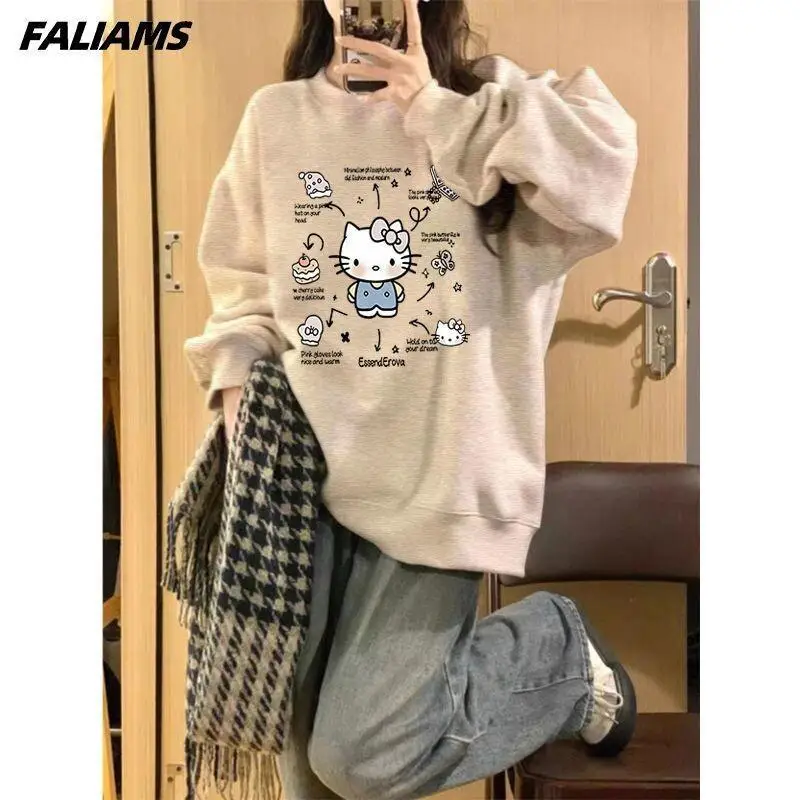 

Женская толстовка Sanrio Hello Kitty, пуловер, топ, свитшот, хлопковая толстовка на весну и осень, свободный крой, большие размеры, корейский стиль