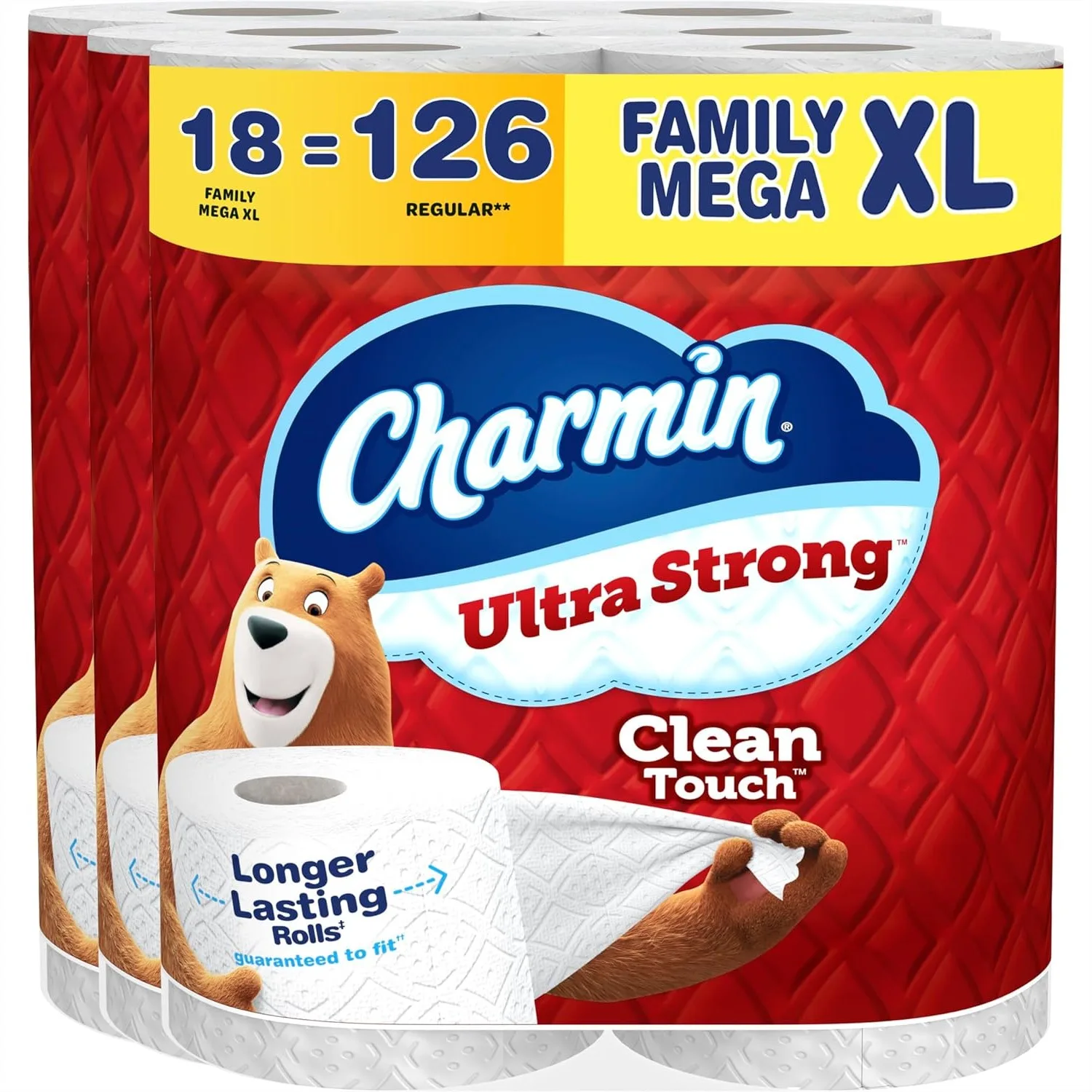 

Ultra Strong Clean Touch Toilet Paper, 18 Family Mega XL Rolls = 126 Regular Rolls, 4X Stronger When Wet
