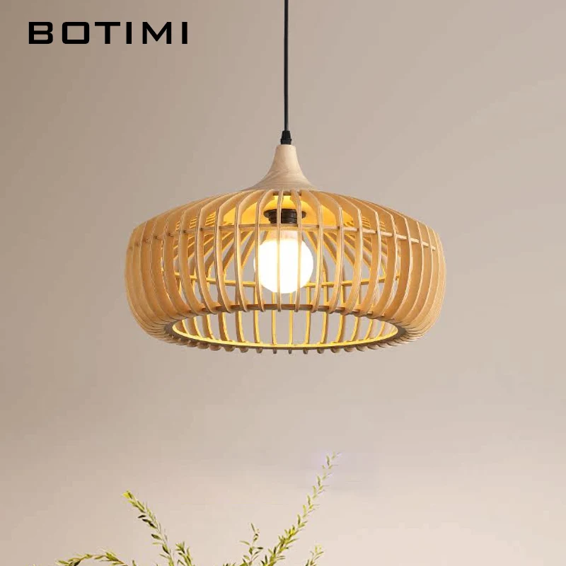 BOTIMI Single LED Wooden Pendant Light For Dining Round Wire Hanging Island Kitchen Dinning Lamp Suspension Coffee Shop Lustres