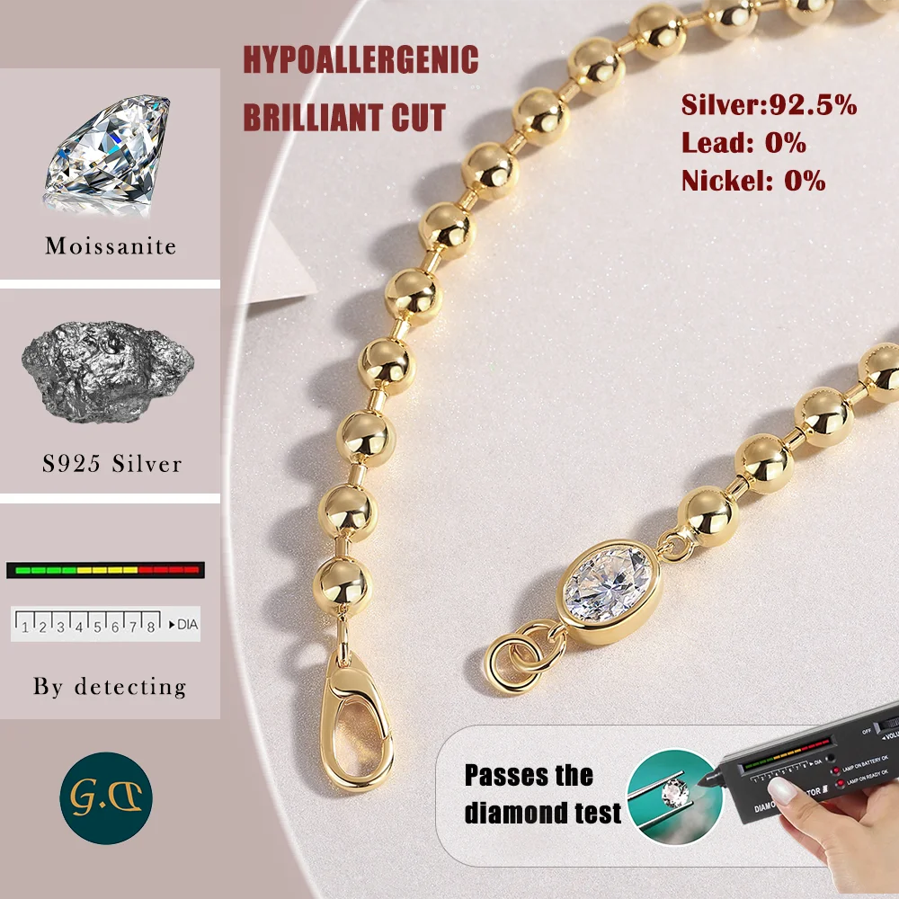 1.5 قيراط كلاسيكي بيضاوي مويسانيتي ذهبي الخرزة سوار 18 قيراط مطلي بالذهب S925 فضة الأناقة والمتطورة الخالدة