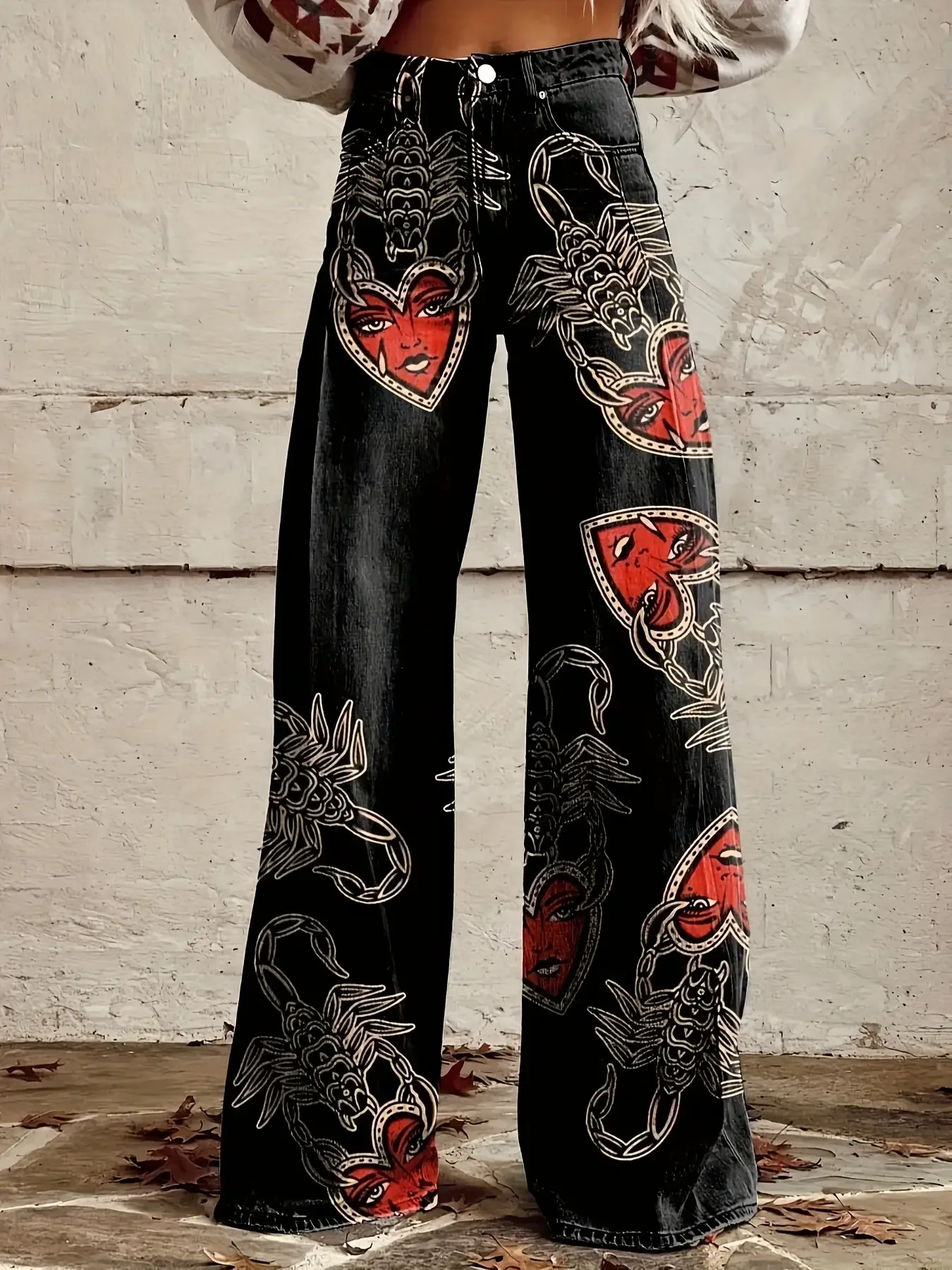 

2026 Women's imitation jeans with printed high waisted flared pants, Ladies' non stretch wide leg jeans - bold graffiti print