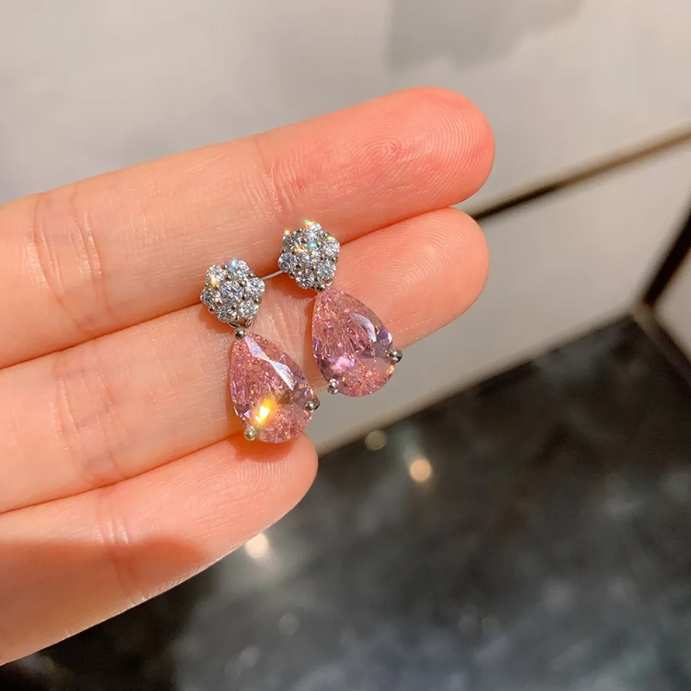 Romantic Luxury Flower Cluster Round Pink Pear 5A Zircon Teardrop Crystal Dangle Earrings for Women Bride Wedding Party Jewelry