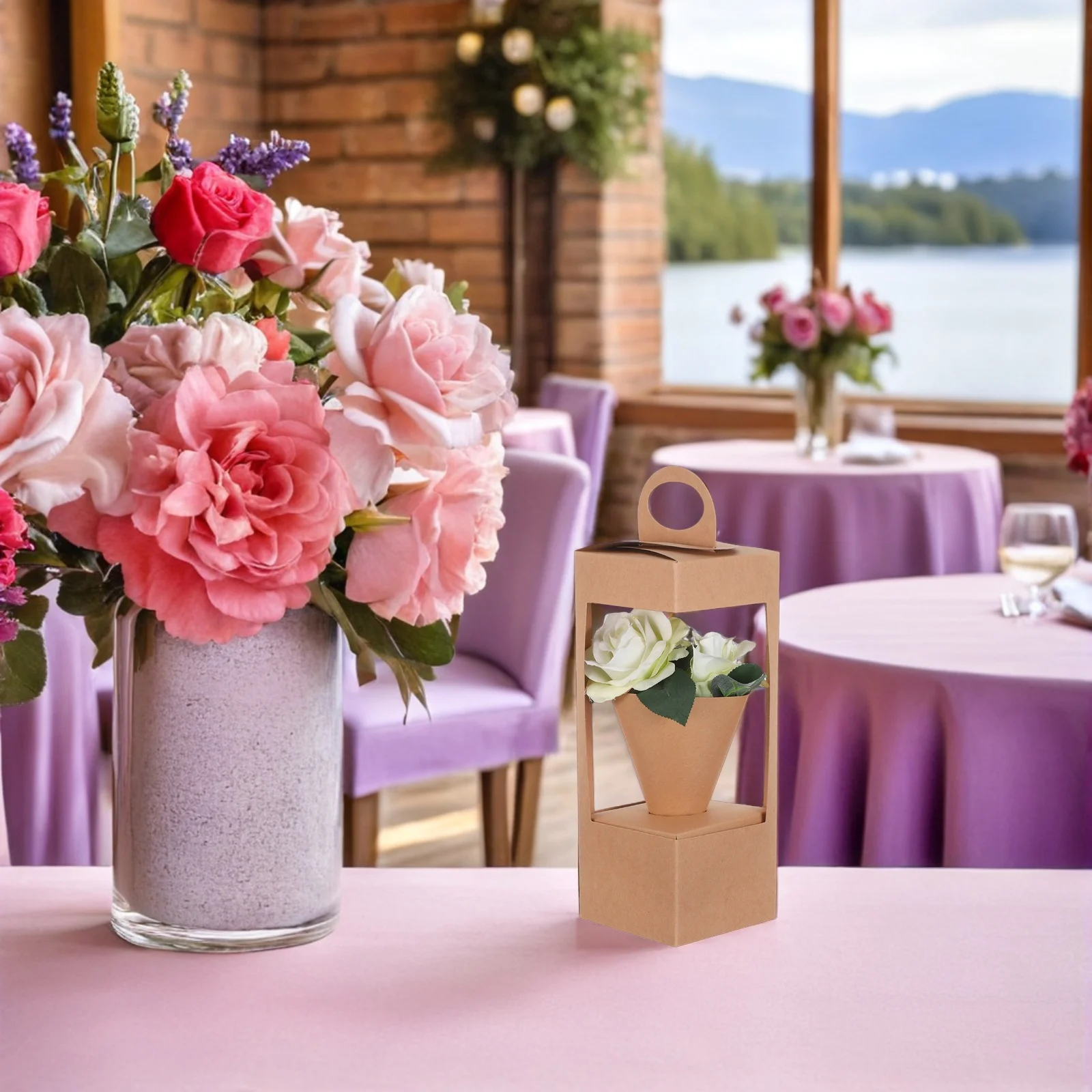 10 قطعة سلة للزهور الورقية مع مقابض صندوق ترتيب الأزهار الريفية لحفل الزفاف ديكور عرض الزهور الجافة المحمولة للطي