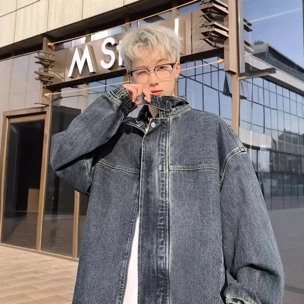 

Мужская джинсовая куртка в американском стиле с эффектом потертости, осенняя, модная, брендовая, с воротником-стойкой, в стиле Heavy Industry