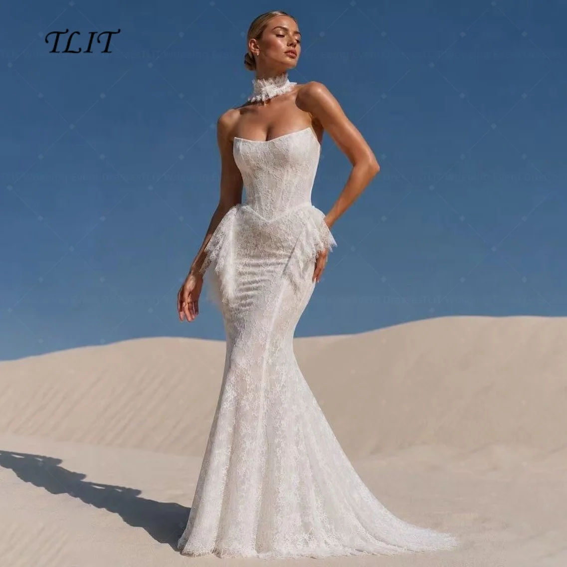 TLIT Customized Ivory Sweetheart Collar Lace Mermaid Wedding Dress Floor-Length With Sweep Train Bridal Photo Shoot Gown