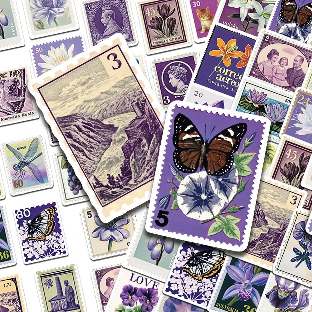 50pcs Purple Retro Stamps Flower Stickers Decals For Laptop Scrapbook Letter Refrigerator DIY Aesthetic Waterproof Stickers