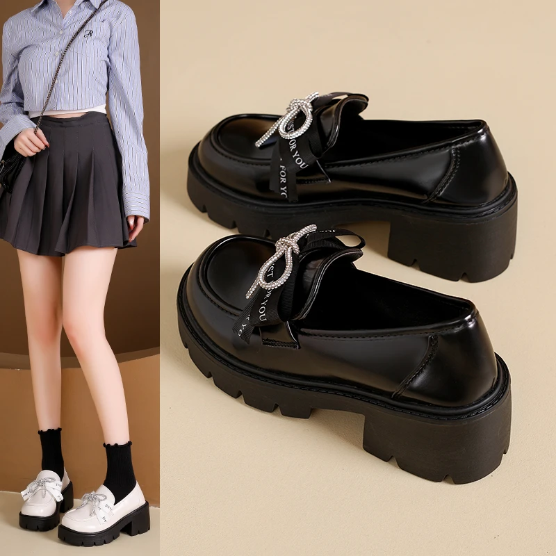 

French College Style Bow Small Leather Shoes, Women's British Style 2025 Autumn New Single Shoes, Thick Soled Loafers