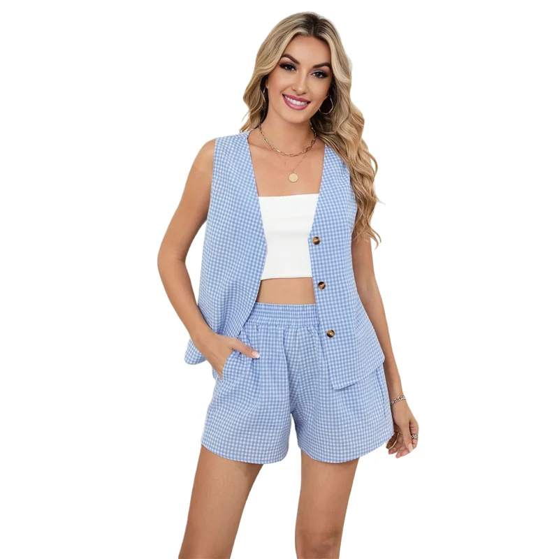 

Женские летние комплекты из двух предметов, одежда для отпуска, одинаковые короткие комплекты, льняной жилет в клетку и шорты-A55G