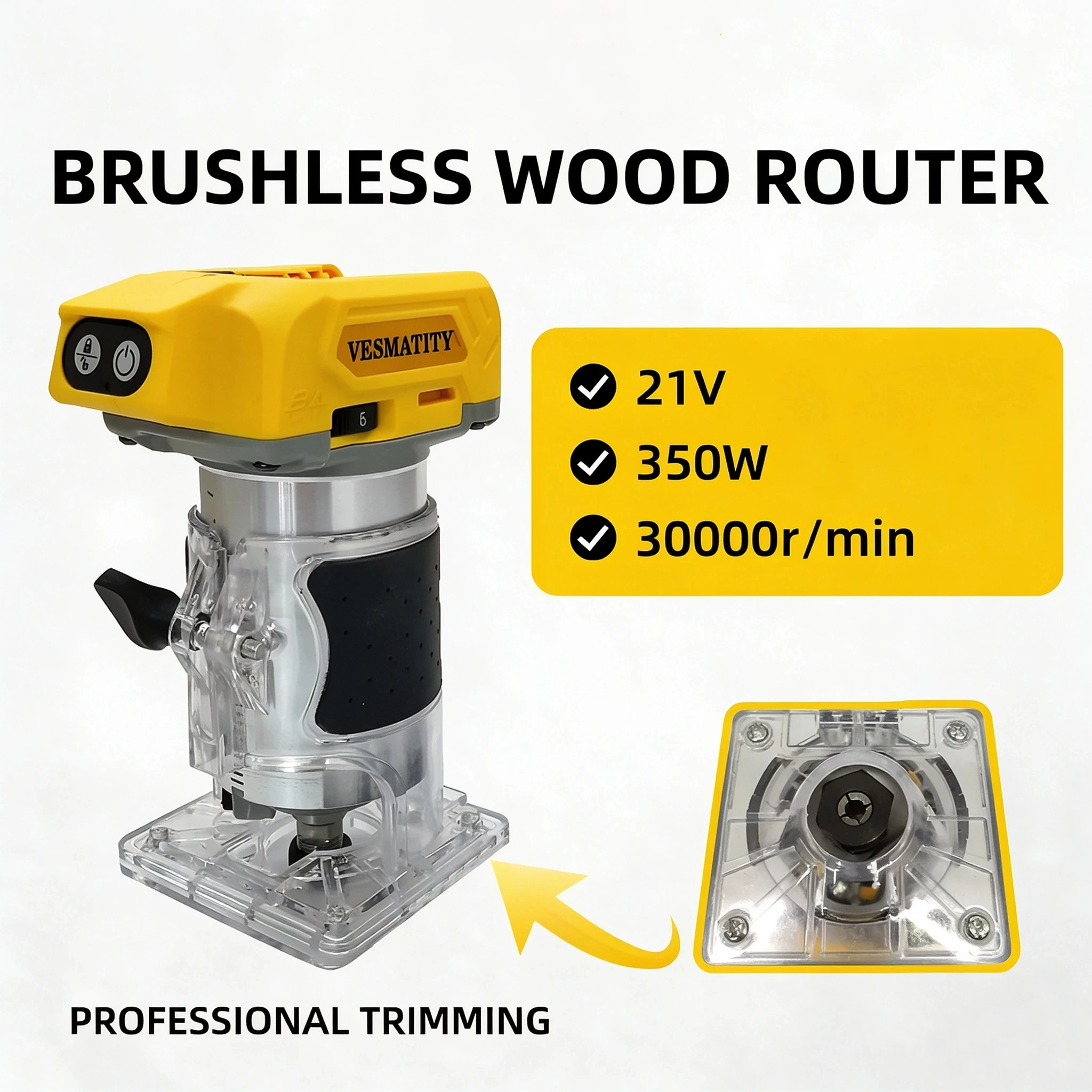 21V Brushless Cordless Wood Router 33000RPM 6-Speed Palm Trim Router for DIY Edge Trim Woodworking Trimming Machine Wood Router