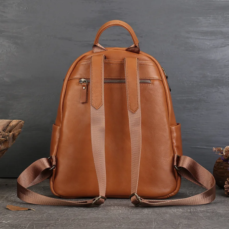Women's Genuine Leather Vintage Pure Color Backpack Girls' Classic Schoolbag Soft Handle Leisure Travel Bag