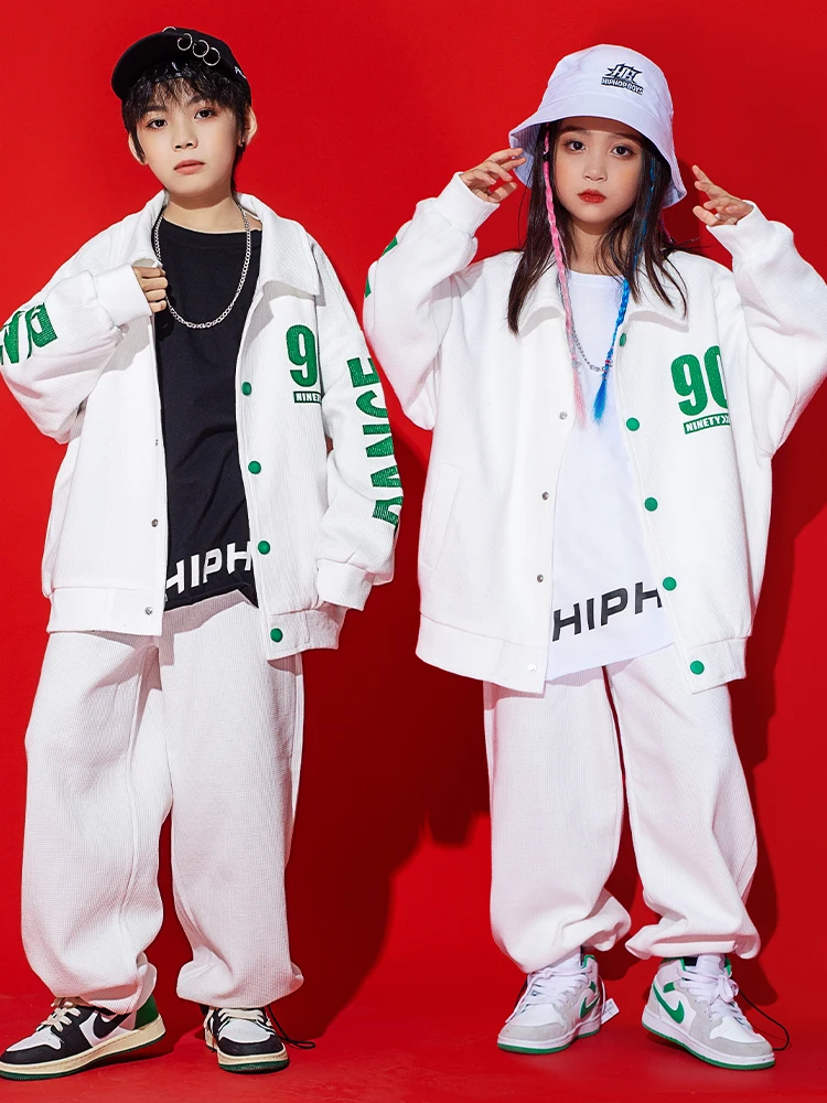 

Teenagers Hip Hop Clothes Street Dance Outfit Boys White Tracksuit Loose Long Sleeves Performance Suit Girls Jazz Costume BL9588