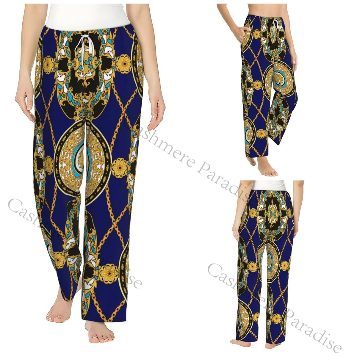 

Blue Golden Luxury Baroque Warm Women Pajama Pants Flannel Sleep Bottoms Soft Fleece Loungewear