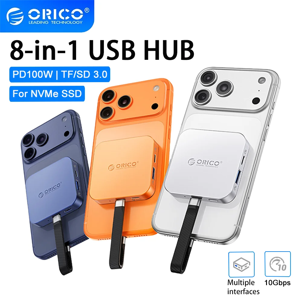 

Многопортовый USB-C хаб ORICO 10 Гбит/с с магнитным корпусом для M.2 NVMe SSD 2230, аудиовыходом 3,5 мм, HDMI 4K@60Гц и поддержкой питания 100 Вт для iPhone 17