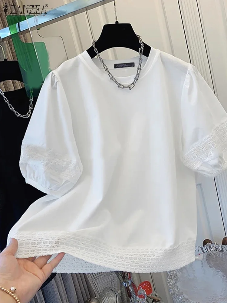 

ZANZEA 2025 Summer Women Solid Color Tees Fashion Short Sleeve O-neck Tops Lace Stitching Tunics Casual Loose Korean T-shirts