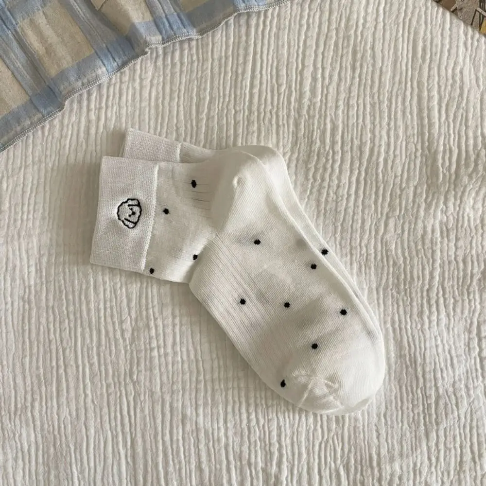 Puppy Cartoon Dog Embroidery Short Socks Dots Thin Women's Dots Cotton Ankle Sock Rib Lolita Sweet Cute Medium Tube Socks Girl